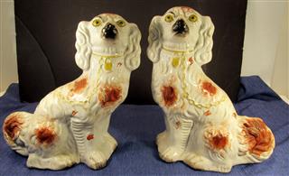 ANTIQUE PAIR OF 19TH CENTURY STAFFORDSHIRE WHITE & RED SPANIELS 13